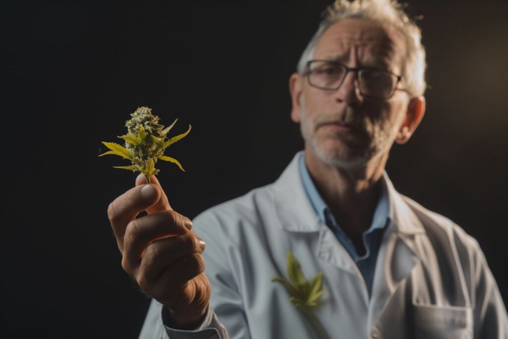 docteur qui tient une fleur de CBD